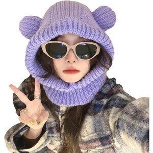 Women's Purple Cute Bear Balaclava Warm Hooded Scarf Beanie Hat Skull Pullover
